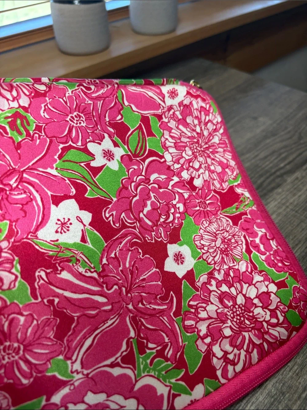 Lily Pulitzer Hot Pink Floral Tablet Sleeve with Faux Pearl Necklace & Ring